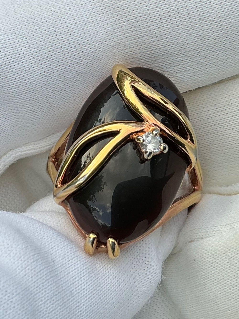 Vintage Seta Oval Black Onyx & Crystal Gold Plated Statement Ring Size 6 - Picture 7 of 13